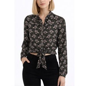 PAIGE | NWT $178 Damaris Tie Front Blouse in Storm Cloud Floral, Size XS